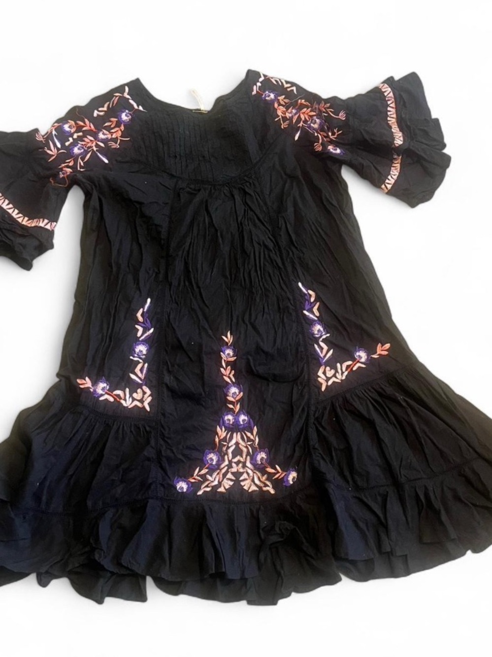 Free People Black Embroidered Floral Tiered Midi Dress